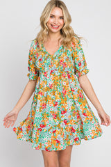 Green Floral Smocked Puff Sleeve Maternity Dress