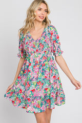 Fuchsia Floral Smocked Puff Sleeve Dress