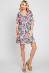 Fuchsia Floral Smocked Puff Sleeve Dress