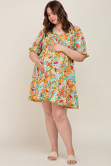 Green Floral Smocked Ruffle Accent Maternity Plus Dress