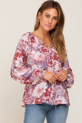 Mauve Floral Front Tie V-Neck Maternity Blouse