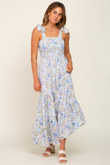 Light Blue Floral Shoulder Tie Maternity Maxi Dress