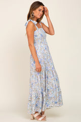 Light Blue Floral Shoulder Tie Maxi Dress