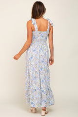 Light Blue Floral Shoulder Tie Maxi Dress