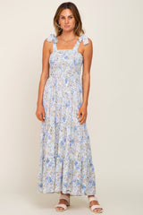 Light Blue Floral Shoulder Tie Maxi Dress