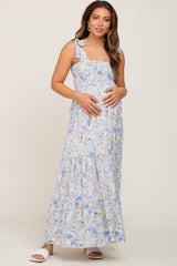 Light Blue Floral Shoulder Tie Maternity Maxi Dress