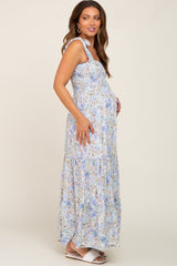 Light Blue Floral Shoulder Tie Maternity Maxi Dress