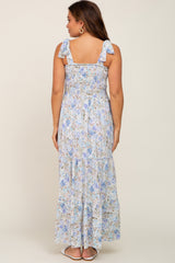 Light Blue Floral Shoulder Tie Maternity Maxi Dress