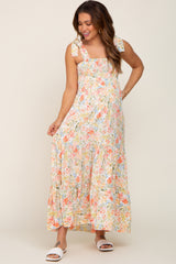 Coral Floral Shoulder Tie Maternity Maxi Dress