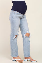 Light Blue Distressed Ripped Knee Straight Maternity Jeans