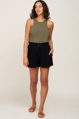 Black Button Front Linen Maternity Shorts