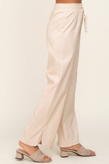 Beige Stretch Drawstring Wide Leg Pants