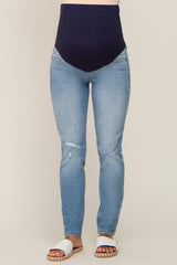 Blue Distressed Knee Maternity Slim Straight Leg Jeans