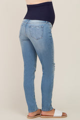 Blue Distressed Knee Maternity Slim Straight Leg Jeans