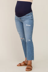 Blue Distressed Cropped Bootcut Maternity Jeans