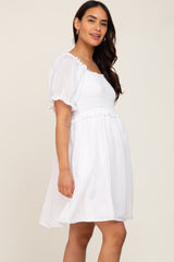 White Smocked Puff Sleeve Maternity Dress