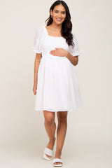 White Smocked Puff Sleeve Maternity Dress