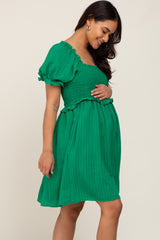 Green Smocked Puff Sleeve Maternity Dress