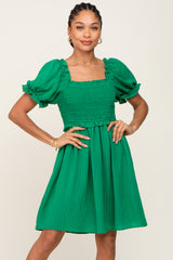 Green Smocked Puff Sleeve Maternity Dress