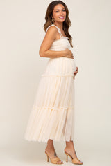 Cream Smocked Mesh Maternity Midi Dress