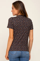 Black Floral Ribbed Knotted Hem Top