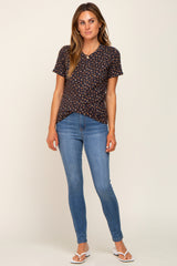 Black Floral Ribbed Knotted Hem Top