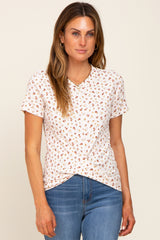 Ivory Floral Ribbed Knotted Hem Top