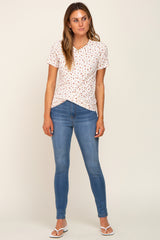 Ivory Floral Ribbed Knotted Hem Top