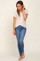 Ivory Floral Ribbed Knotted Hem Top