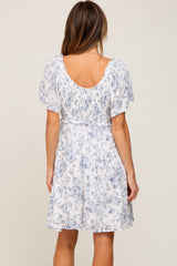 White Floral Print Smocked Ruffle Shoulder Dress