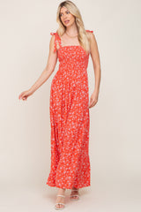 Coral Floral Square Neck Smocked Tiered Maxi Dress