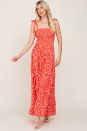 Coral Floral Square Neck Smocked Tiered Maxi Dress