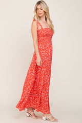 Coral Floral Square Neck Smocked Tiered Maxi Dress