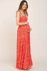 Coral Floral Square Neck Smocked Tiered Maternity Maxi Dress