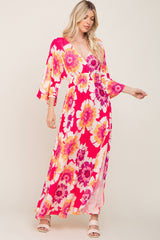 Fuchsia Floral Wrap V-Neck Side Slit Maxi Dress