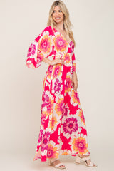 Fuchsia Floral Wrap V-Neck Side Slit Maxi Dress