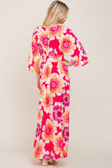 Fuchsia Floral Wrap V-Neck Side Slit Maxi Dress