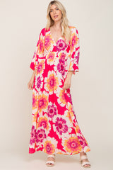 Fuchsia Floral Wrap V-Neck Side Slit Maxi Dress