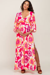 Fuchsia Floral Wrap V-Neck Side Slit Maternity Maxi Dress