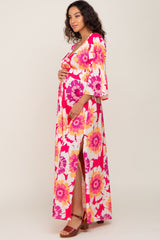 Fuchsia Floral Wrap V-Neck Side Slit Maternity Maxi Dress