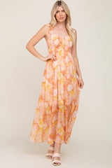 Peach Floral Ruffle Shimmer Maxi Dress