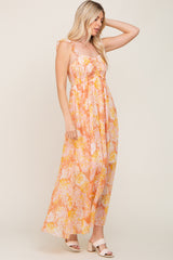 Peach Floral Ruffle Shimmer Maxi Dress