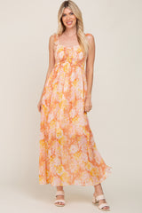 Peach Floral Ruffle Shimmer Maternity Maxi Dress