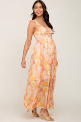 Peach Floral Ruffle Shimmer Maternity Maxi Dress