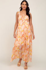 Peach Floral Ruffle Shimmer Maternity Maxi Dress