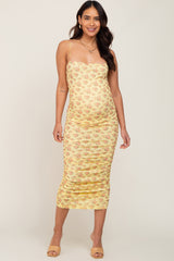 Yellow Mesh Ruched Maternity Fitted Dress