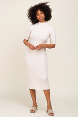 Cream Ribbed Mock Neck Midi Dress