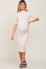 Cream Ribbed Mock Neck Maternity Midi Dress