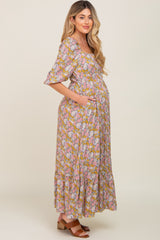 Blue Print Floral Puff Sleeve Maternity Midi Dress