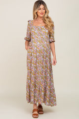 Blue Print Floral Puff Sleeve Maternity Midi Dress